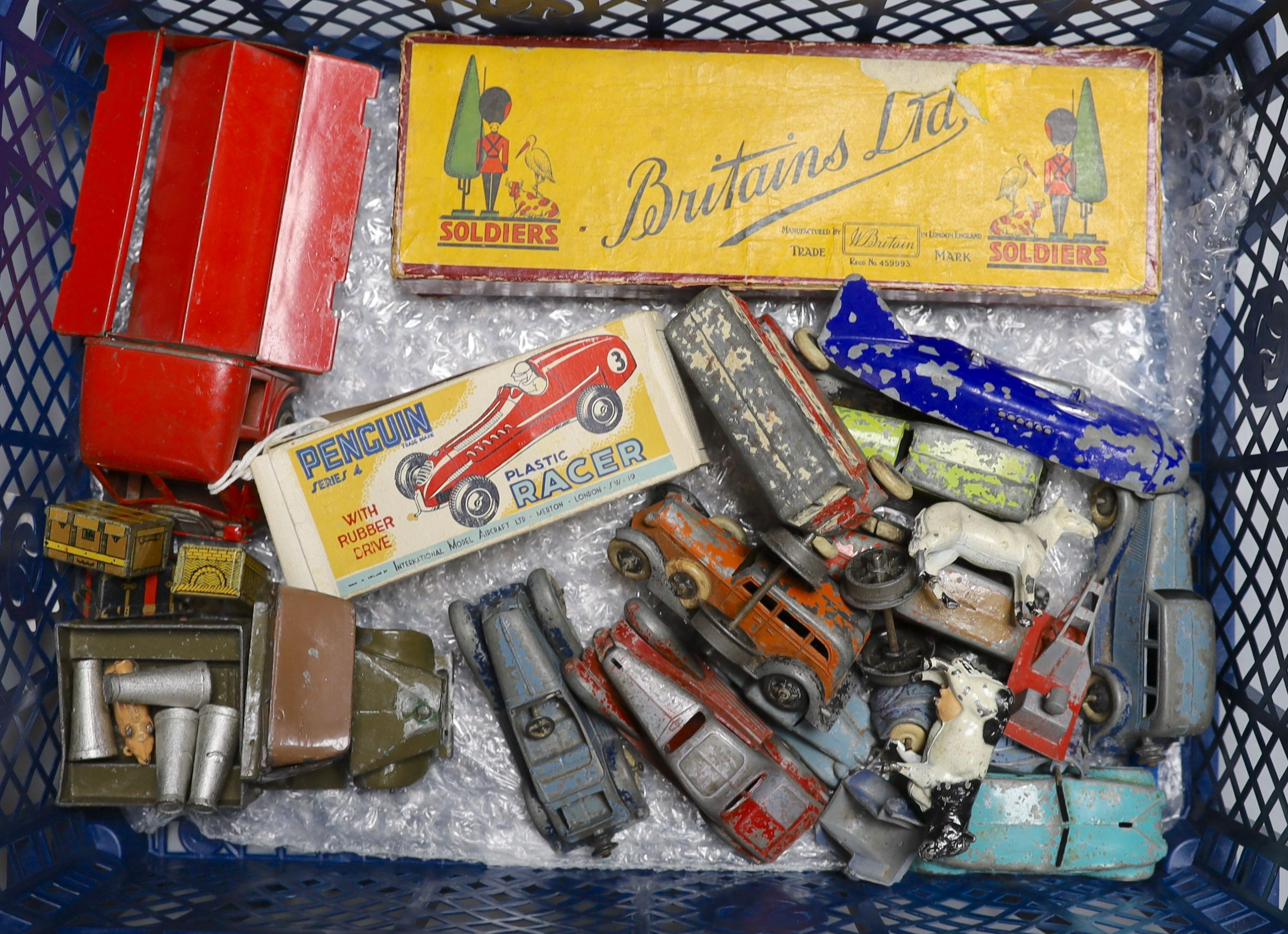 Pre-war toys including Britain's Ironside series box and associated contents, Hornby Series accessories, die cast vehicles, Britain's army truck, Tootsie toys